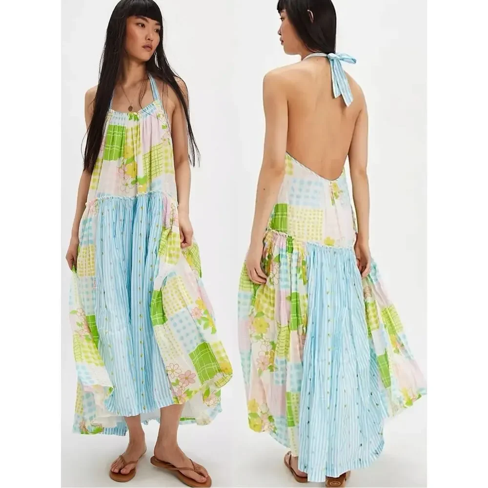 Free People Cottage Embroidered Patched And Pretty Halter Midi Maxi Dress Medium